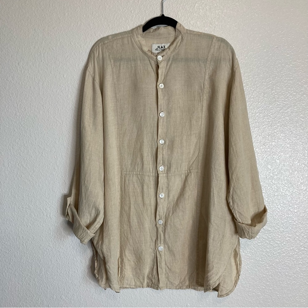 FLAX Linen Boho Button Front Shirt Dress Oversize Tunic Tan S